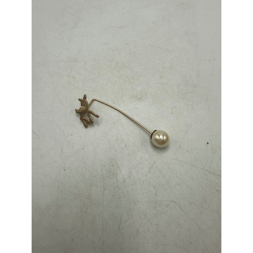 Gold Tone Deer Fawn Stick Pin Whimsical Faux Pearl Lapel Scarf Pin Accessory